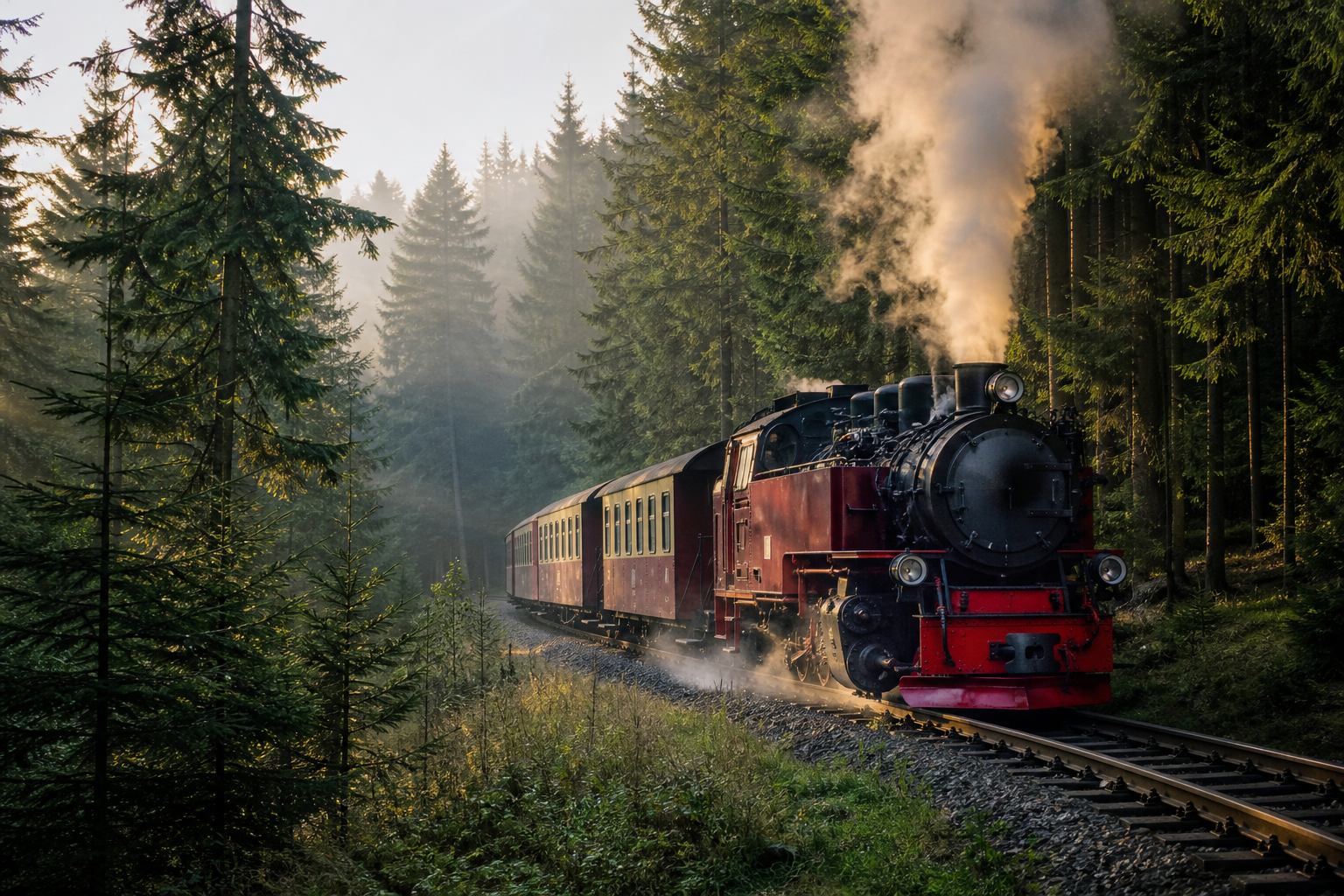 Rote Dampflok der Harzer Schmalspurbahnen im Fichtenwald
