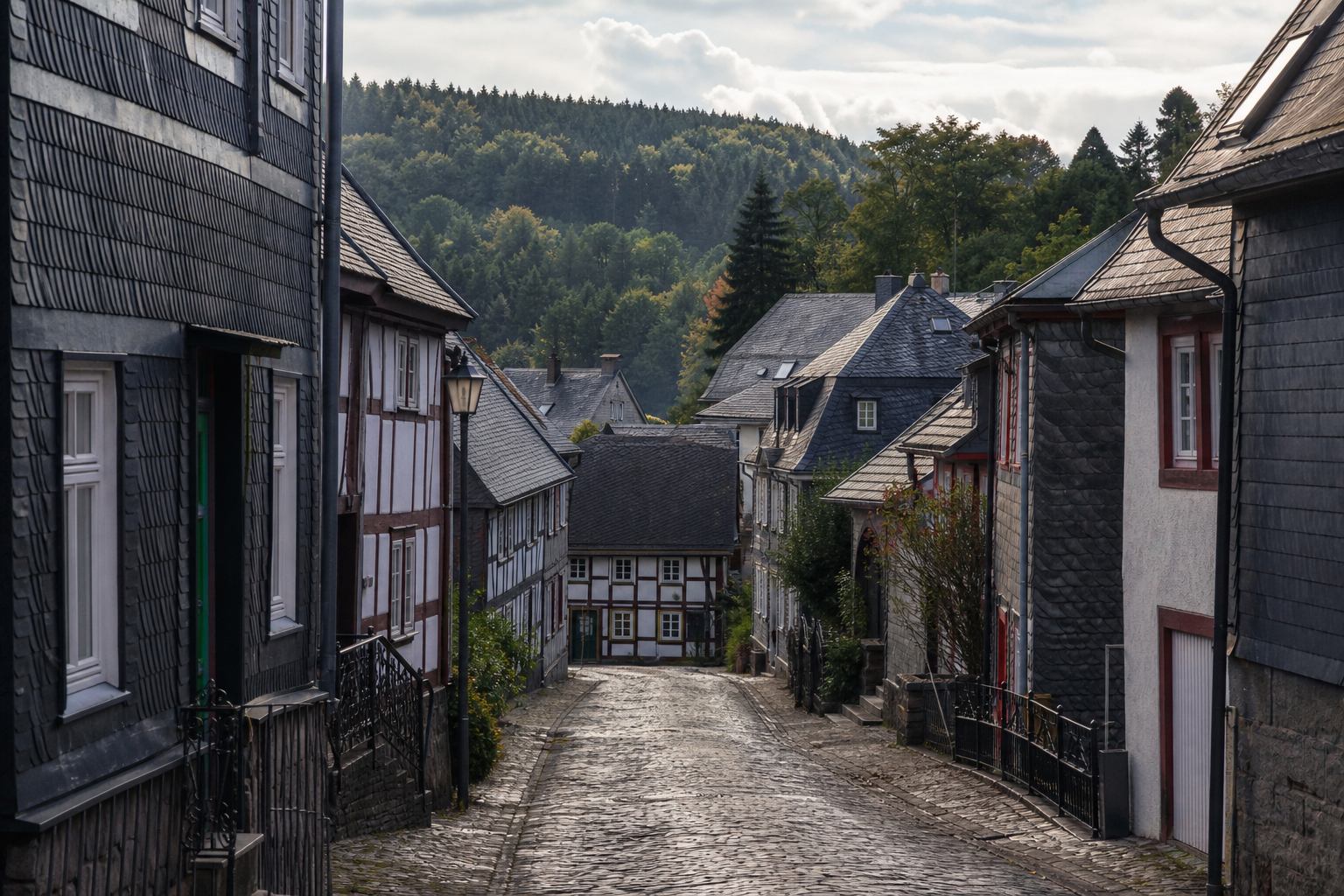Schieferdächer und enge Gasse in einer Harzstadt am Waldrand